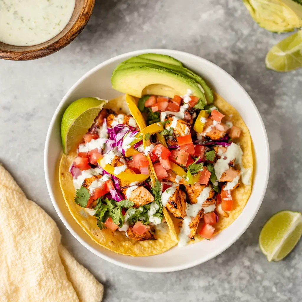 Air Fryer Salmon Taco Bowl recipe, served and ready to eat, easy homemade dish