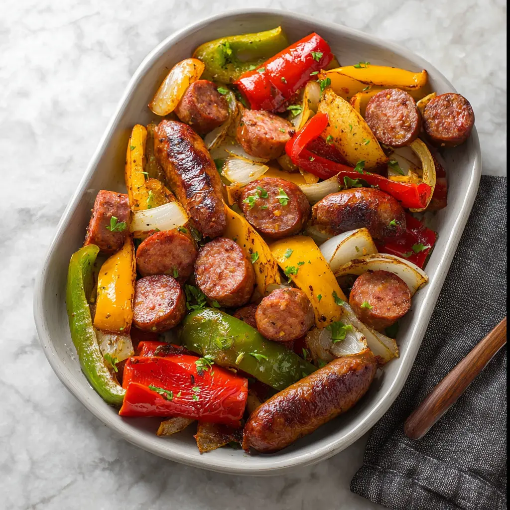 Air Fryer Sausage and Peppers Sheet Pan recipe, served and ready to eat, easy homemade dinner