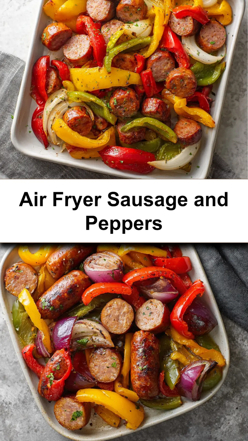 Air Fryer Sausage and Peppers Sheet Pan recipe, served and ready to eat, easy homemade dinner