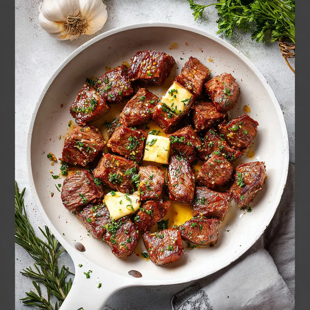 Air Fryer Steak Bites Garlic Butter recipe, served and ready to eat, easy homemade dinner