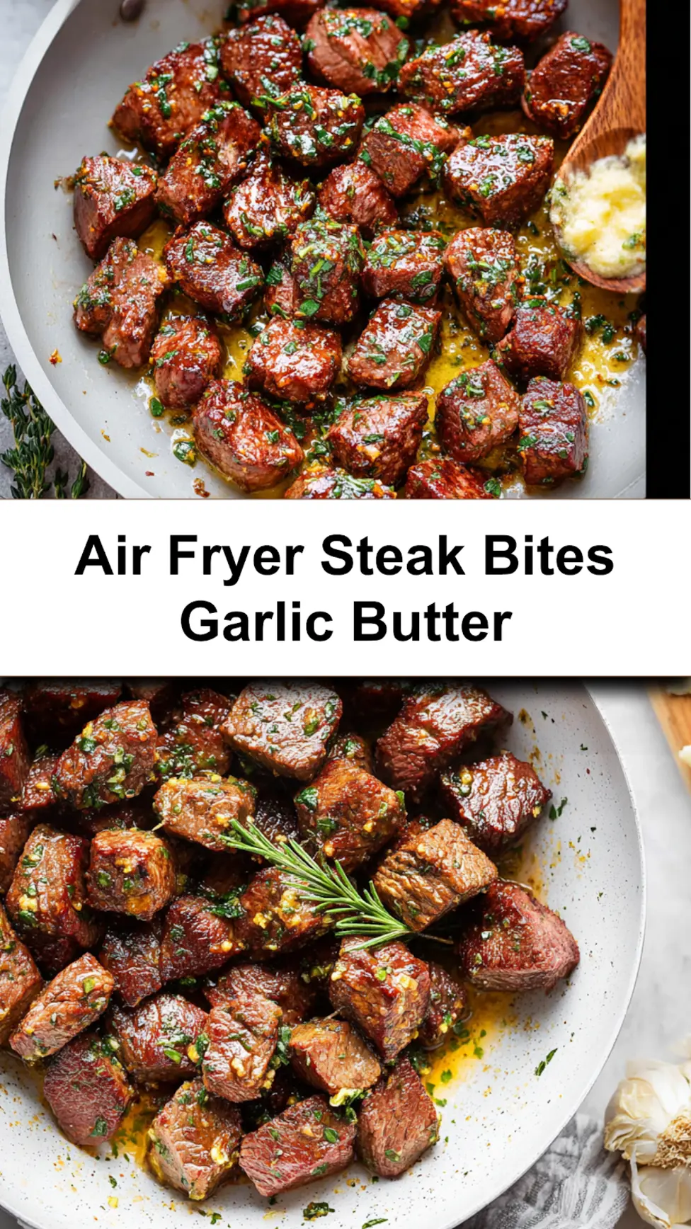 Air Fryer Steak Bites Garlic Butter recipe, served and ready to eat, easy homemade dinner