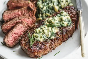 Air Fryer Steak Butter Herb recipe, served and ready to eat, easy homemade dinner