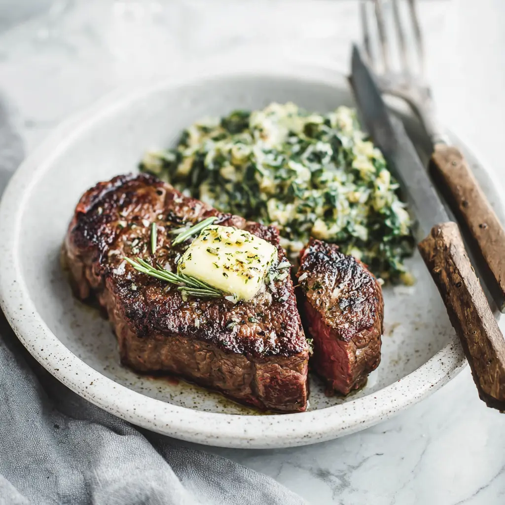 Air Fryer Steak Butter Herb recipe, served and ready to eat, easy homemade dinner