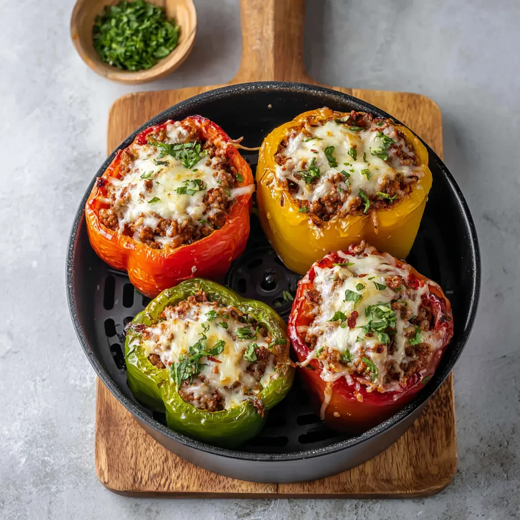 Air Fryer Stuffed Bell Peppers Ground Beef recipe, served and ready to eat, easy homemade dinner