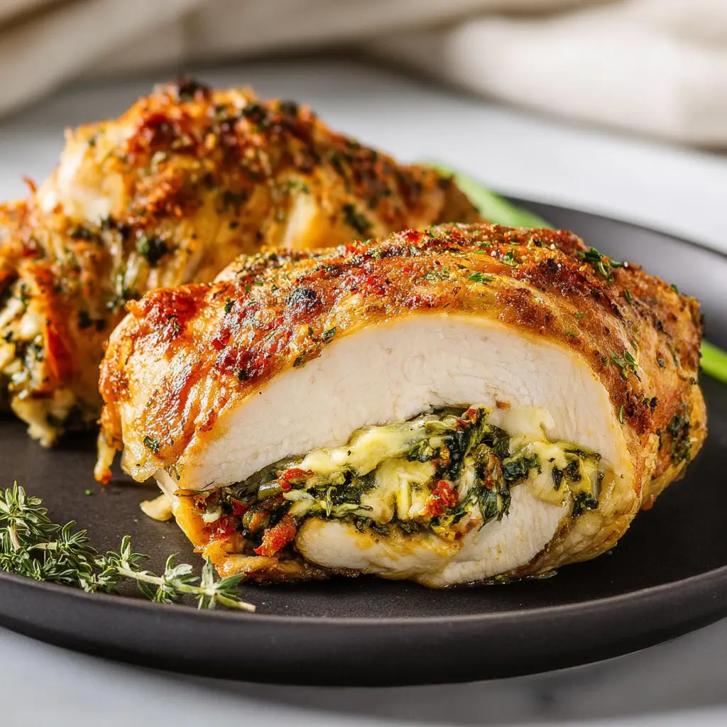 Air Fryer Stuffed Chicken Breast recipe, served and ready to eat, easy homemade dinner