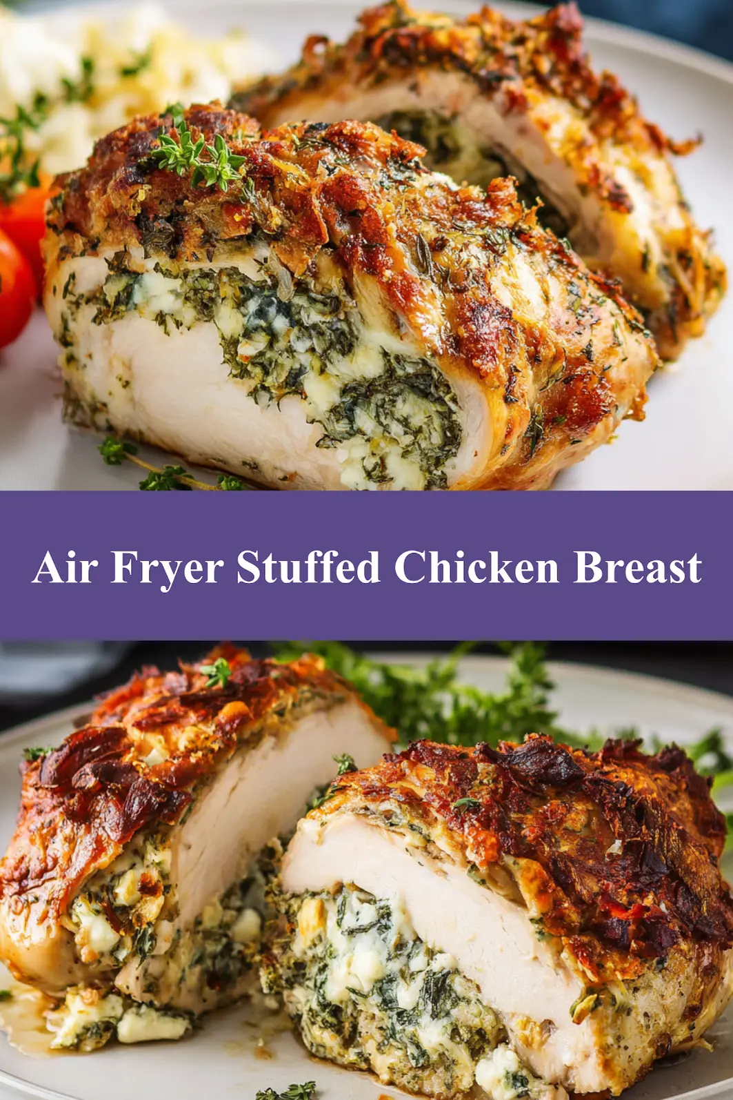 Air Fryer Stuffed Chicken Breast recipe with spinach and feta filling, plated and ready to serve