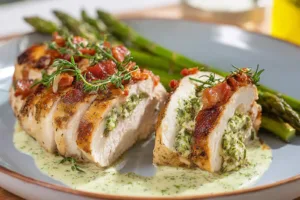 Air Fryer Stuffed Chicken Breast recipe, served and ready to eat, easy homemade dinner