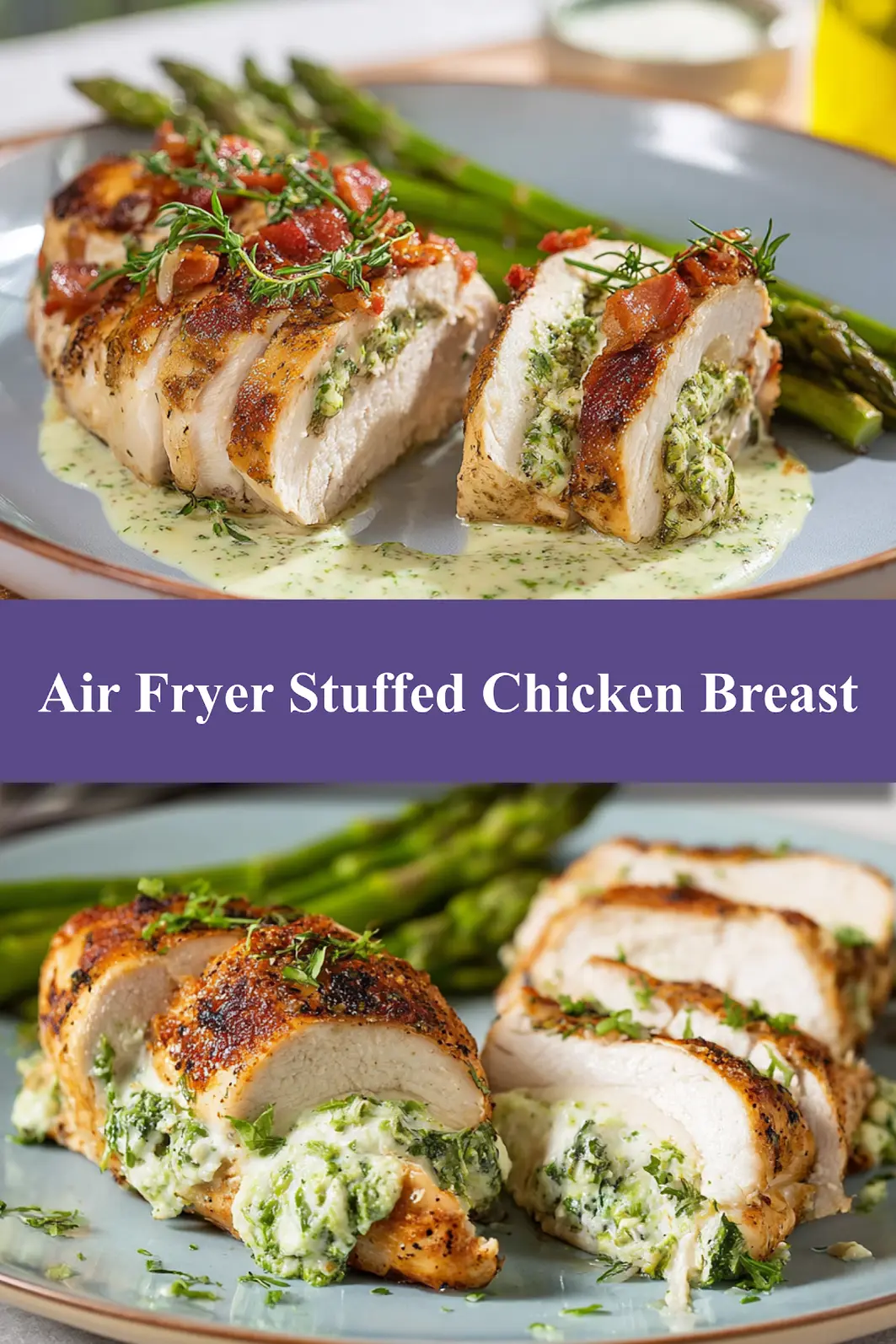 Air Fryer Stuffed Chicken Breast recipe, served and ready to eat, easy homemade dinner  pin image