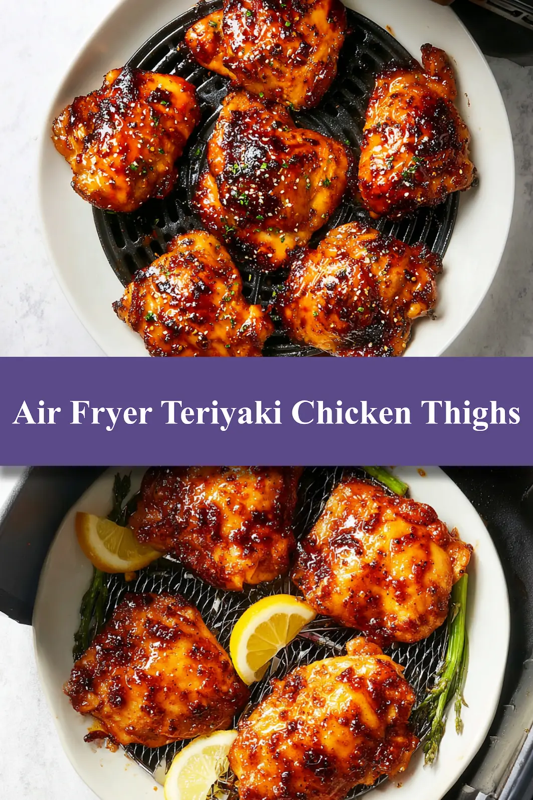 Air Fryer Teriyaki Chicken Thighs recipe, served and ready to eat, easy homemade dinner_pin