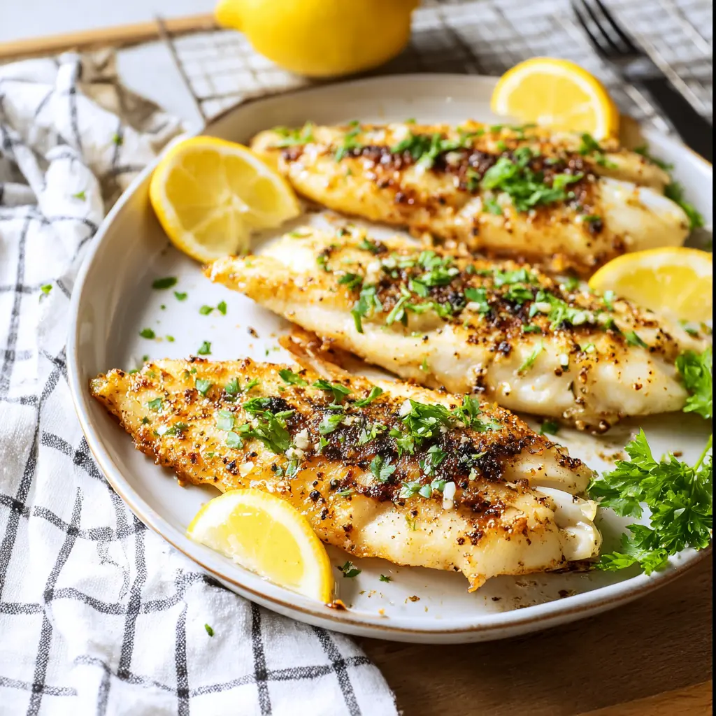 Air Fryer Tilapia Lemon Garlic recipe, served and ready to eat, easy homemade dinner