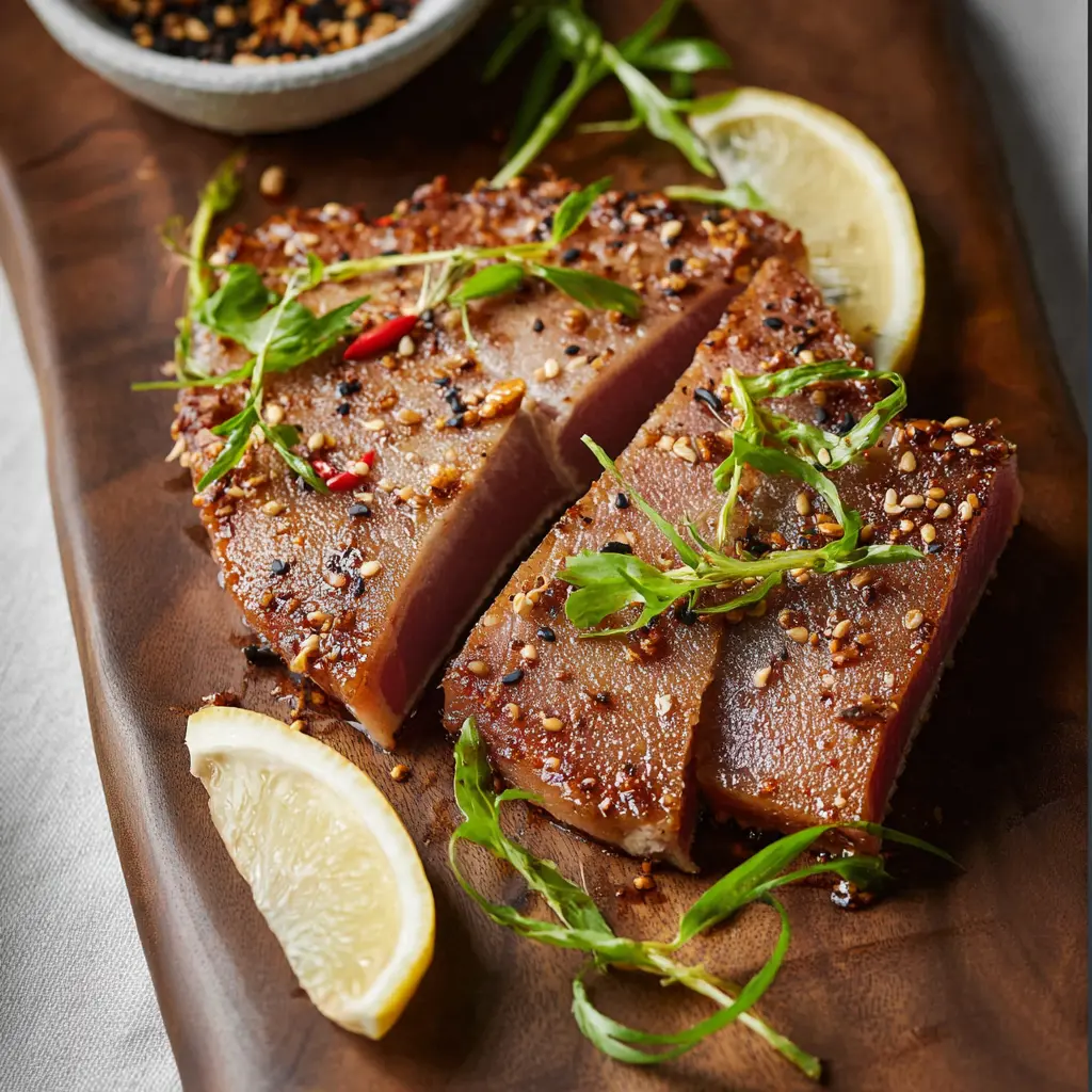 Air Fryer Tuna Steak Soy Ginger recipe, served and ready to eat, easy homemade dinner