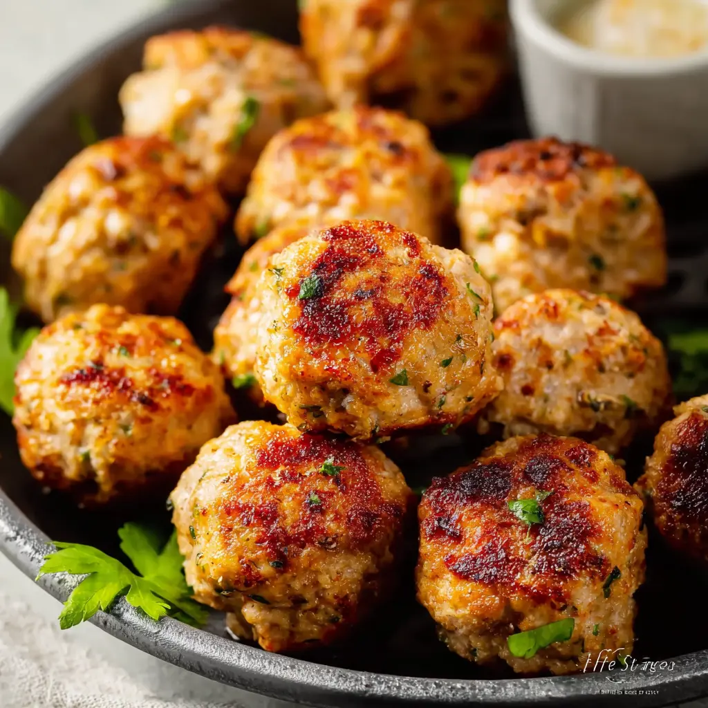 Air Fryer Turkey Meatballs recipe, served and ready to eat, easy homemade dinner