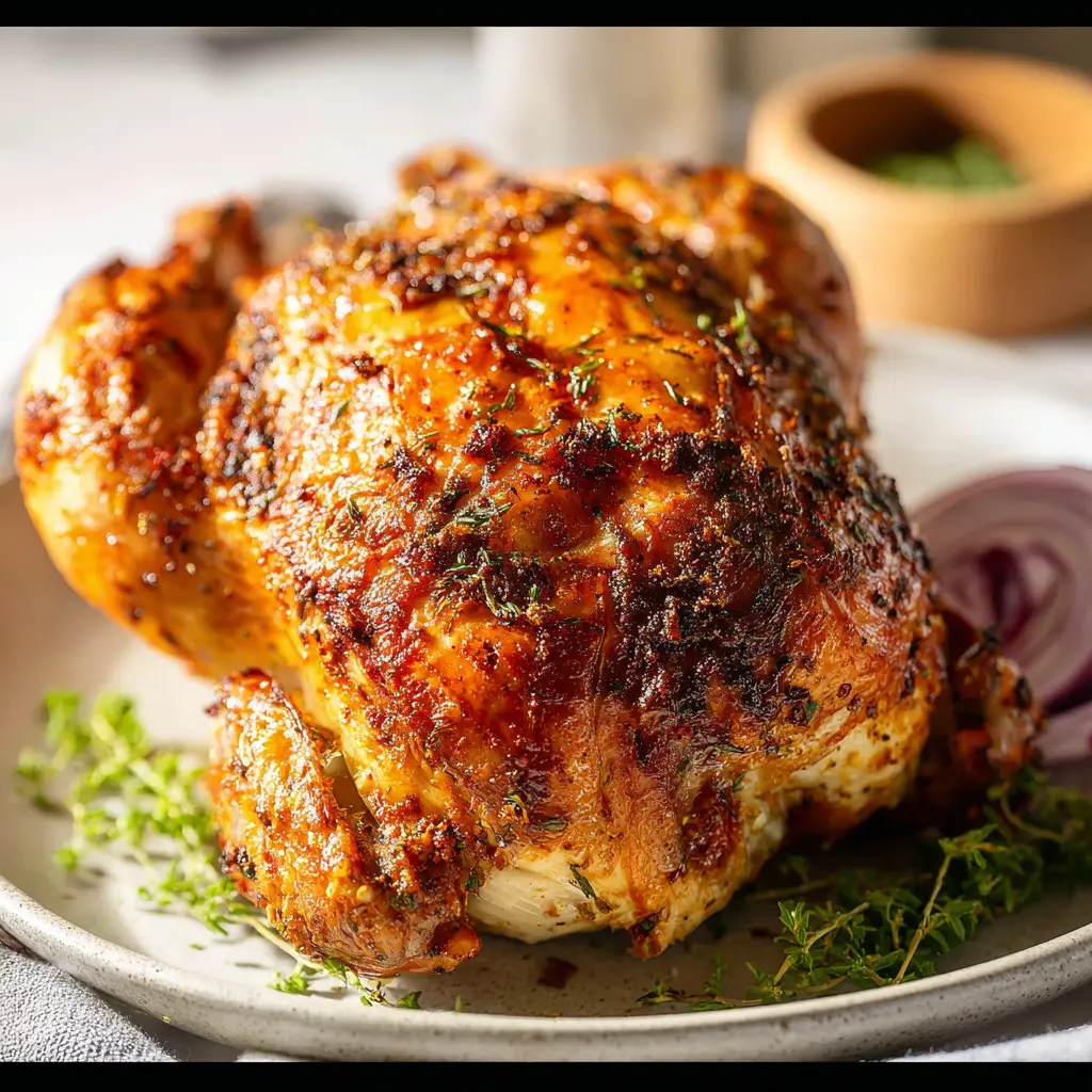 Air Fryer Whole Roast Chicken recipe, served and ready to eat, easy homemade dinner