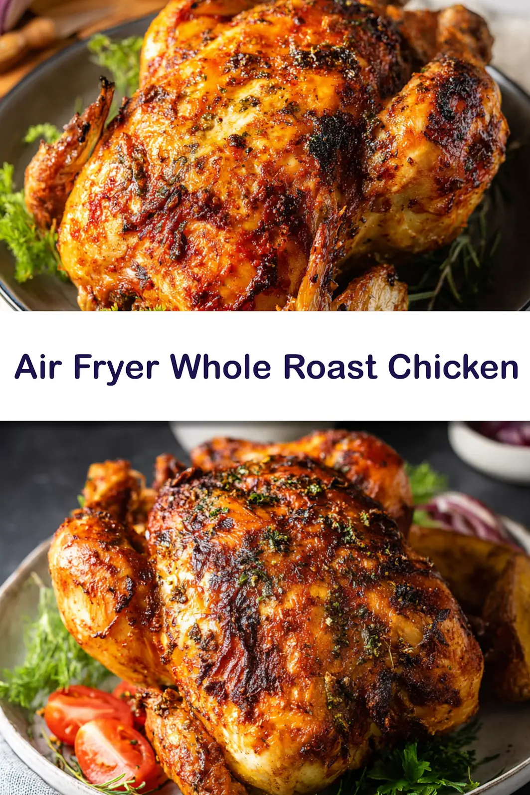 Air Fryer Whole Roast Chicken recipe, served and ready to eat, easy homemade dinner