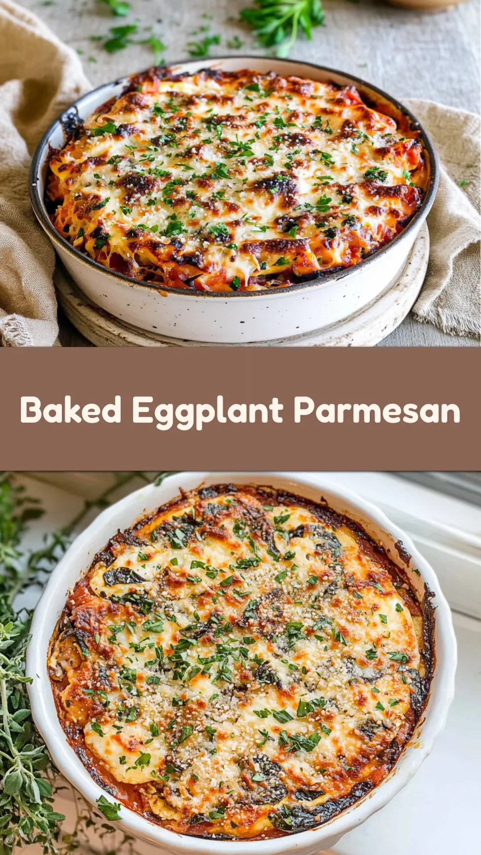 BAKED EGGPLANT PARMESAN recipe, served and ready to eat, easy homemade dinner