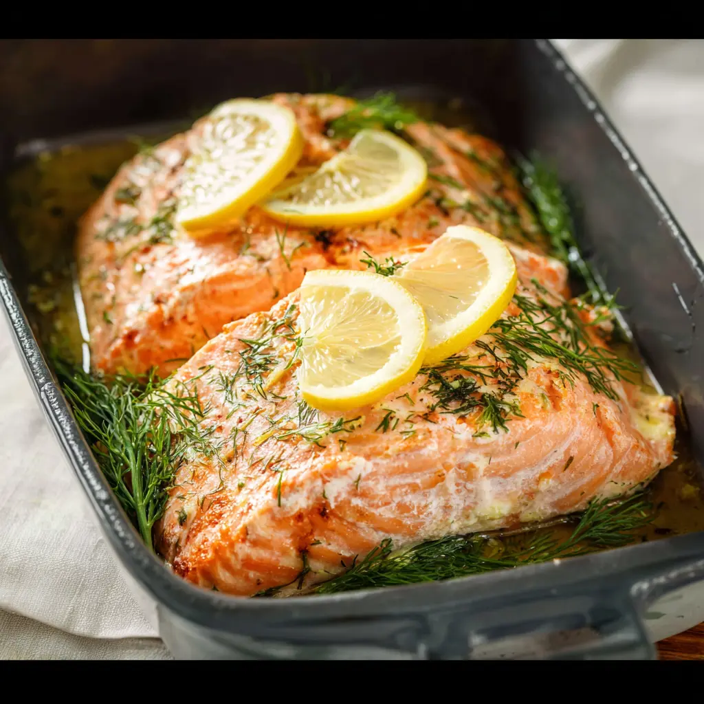 Baked Salmon Lemon Dill recipe, served and ready to eat, easy homemade dinner