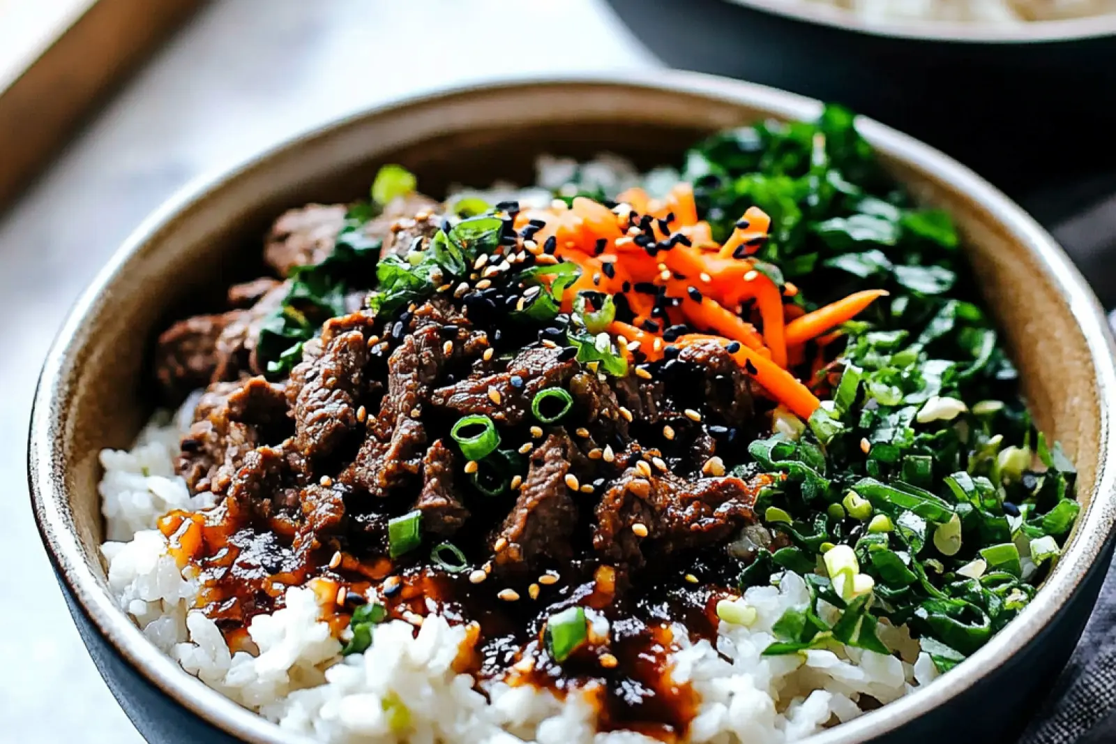 BEEF BULGOGI RICE BOWLS recipe, served and ready to eat, easy homemade dinner