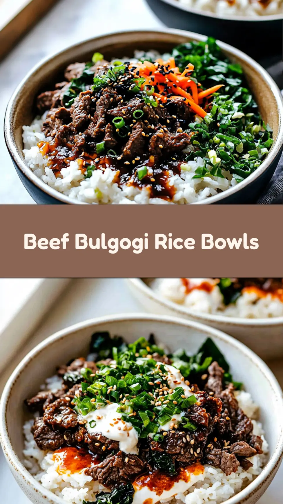 Korean beef bulgogi rice bowls Pinterest pin with caramelized ground beef and fresh vegetables