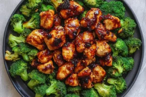 Chili Garlic Air Fryer Chicken Broccoli recipe, served and ready to eat, easy homemade dinner