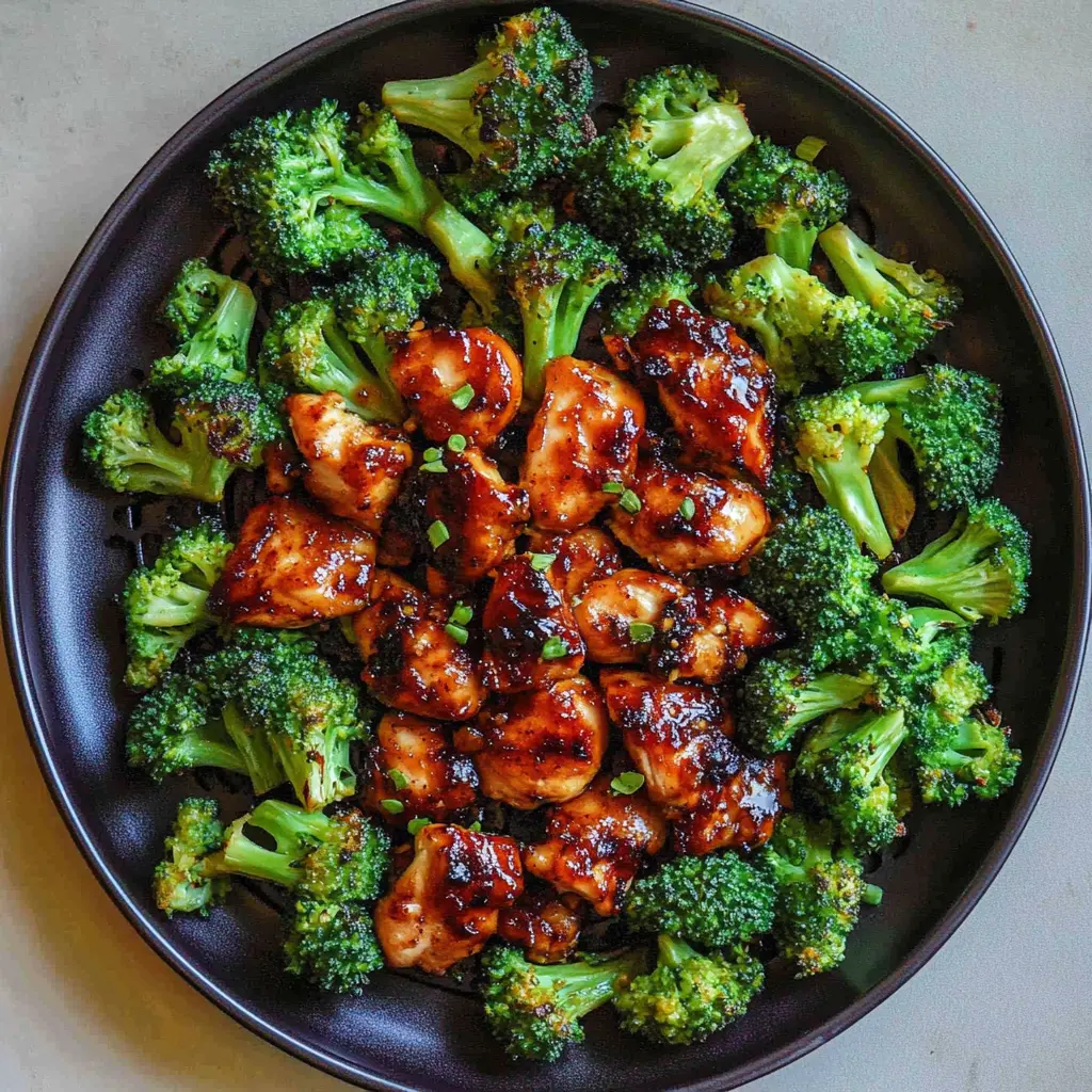 Chili Garlic Air Fryer Chicken Broccoli recipe, served and ready to eat, easy homemade dinner
