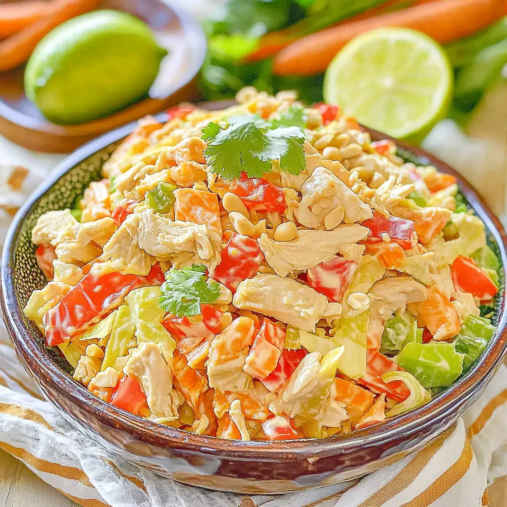 Chopped Thai Chicken Salad with Peanut Lime dressing, served and ready to eat