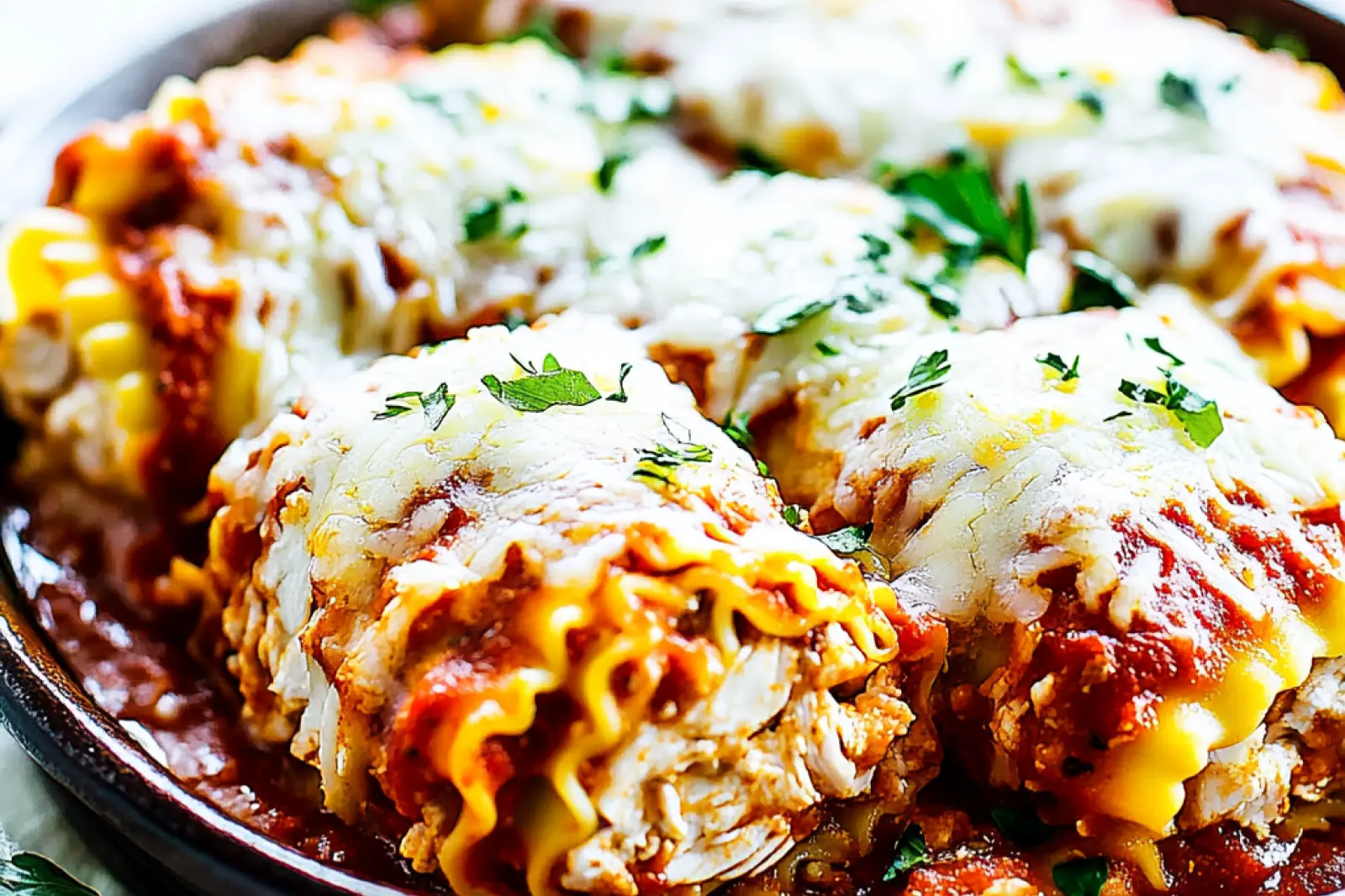 Cottage Cheese Chicken Lasagna Roll Ups recipe, served and ready to eat, easy homemade dinner