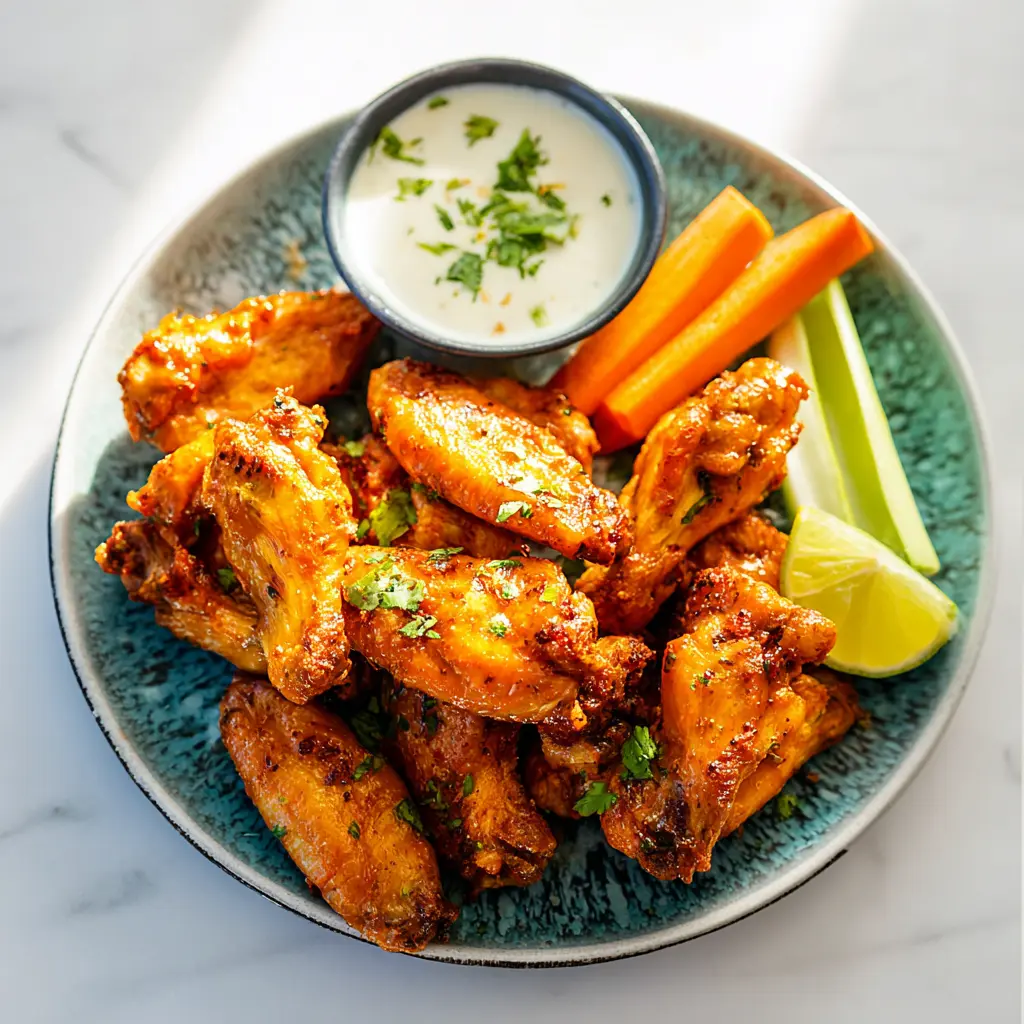 Crispy Air Fryer Buffalo Wings recipe, served and ready to eat, easy homemade dinner