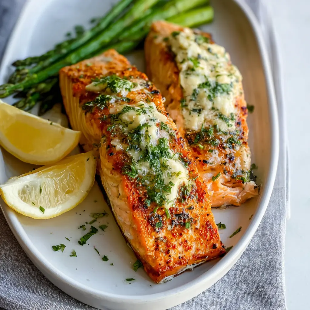 Crispy Air Fryer Salmon Garlic Butter recipe, served and ready to eat, easy homemade dinner