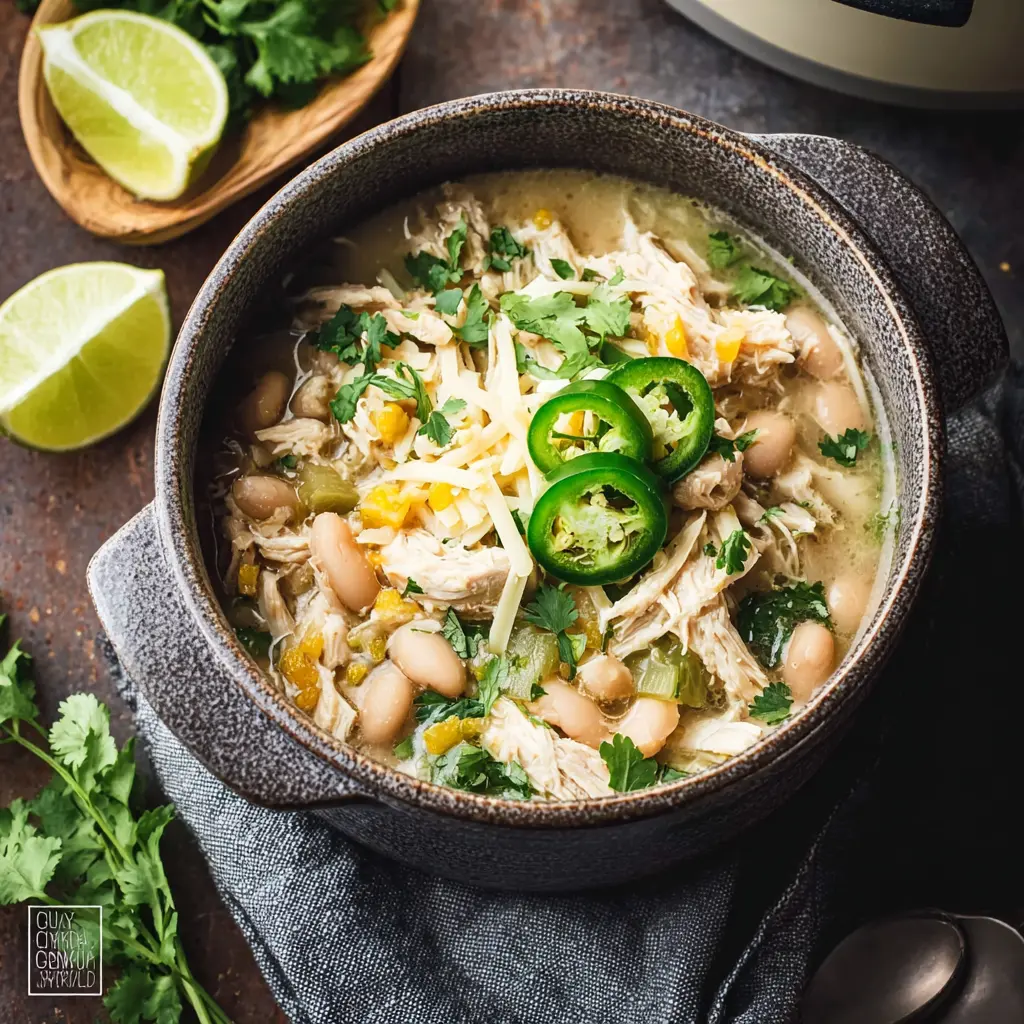 Crockpot White Chicken Chili High Protein recipe, served and ready to eat, easy homemade dinner