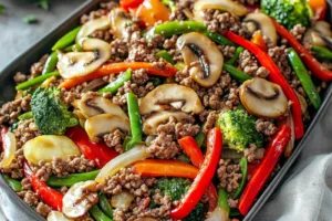 Ground Beef Stir Fry Vegetables recipe, served and ready to eat, easy homemade dinner