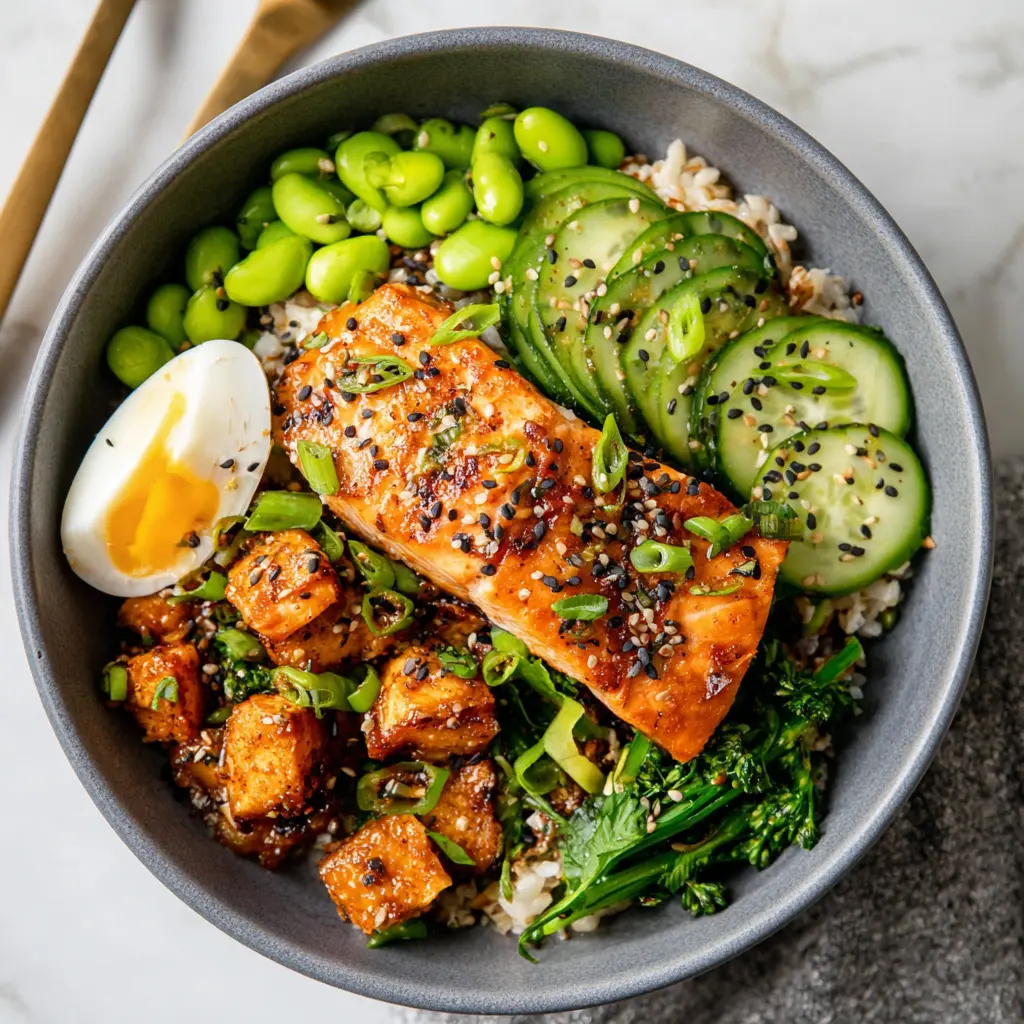 High Protein Air Fryer Salmon Bowl recipe, served and ready to eat, easy homemade dish
