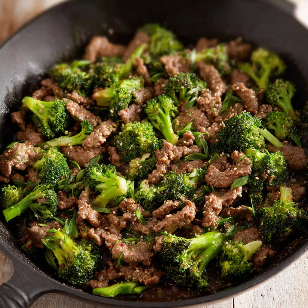 High Protein Beef and Broccoli Skillet recipe, served and ready to eat, easy homemade dinner