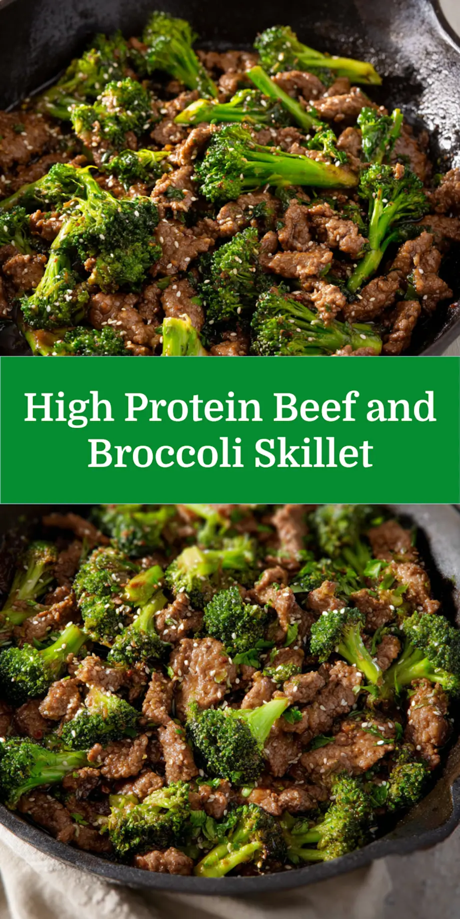 High Protein Beef and Broccoli Skillet recipe, served and ready to eat, easy homemade dinner