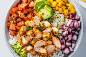 High Protein Chicken Bowl recipe, served and ready to eat, easy homemade dinner