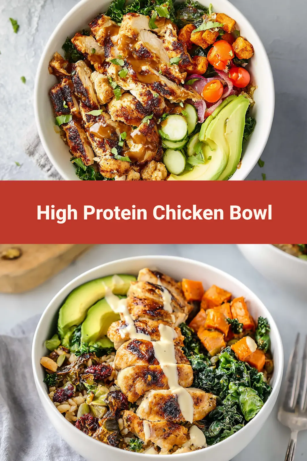 High Protein Chicken Bowl recipe, served and ready to eat, easy homemade dinner