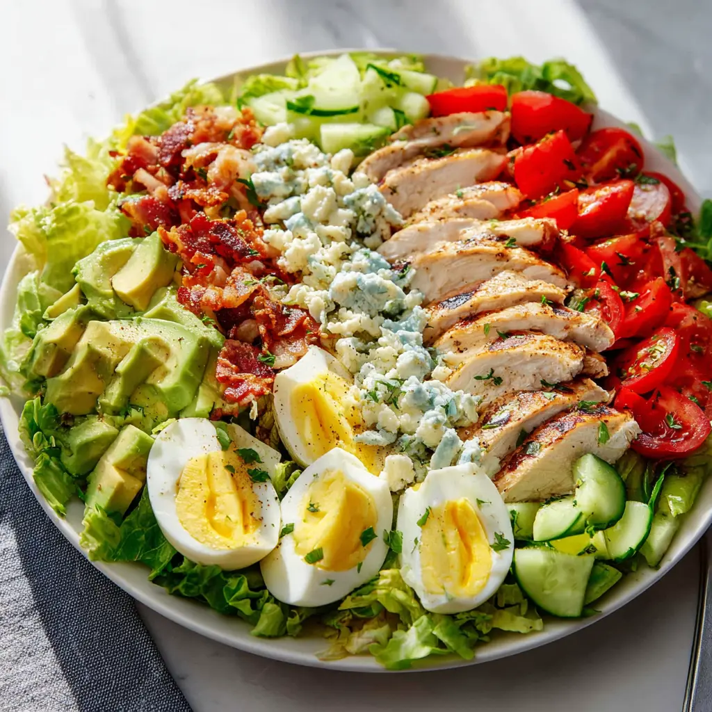 High Protein Chicken Cobb Salad served and ready to eat, easy homemade dinner