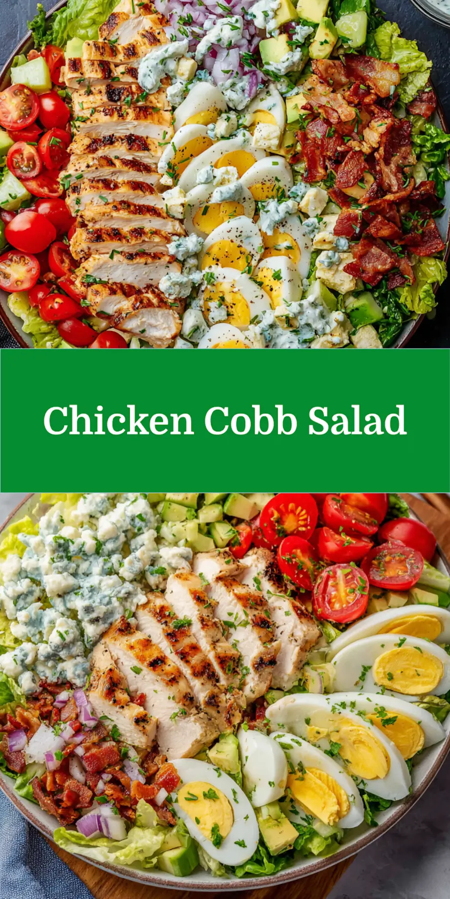 High Protein Chicken Cobb Salad served and ready to eat, easy homemade dinner
