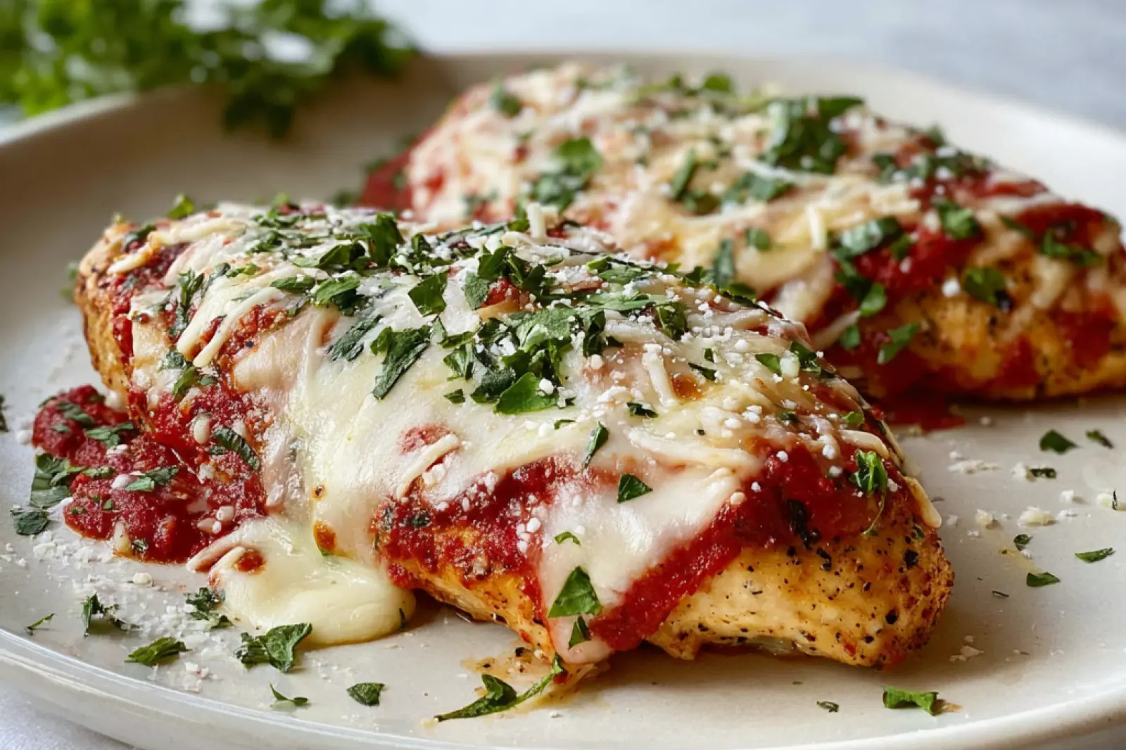 High Protein Chicken Parmesan recipe, served and ready to eat, easy homemade dinner