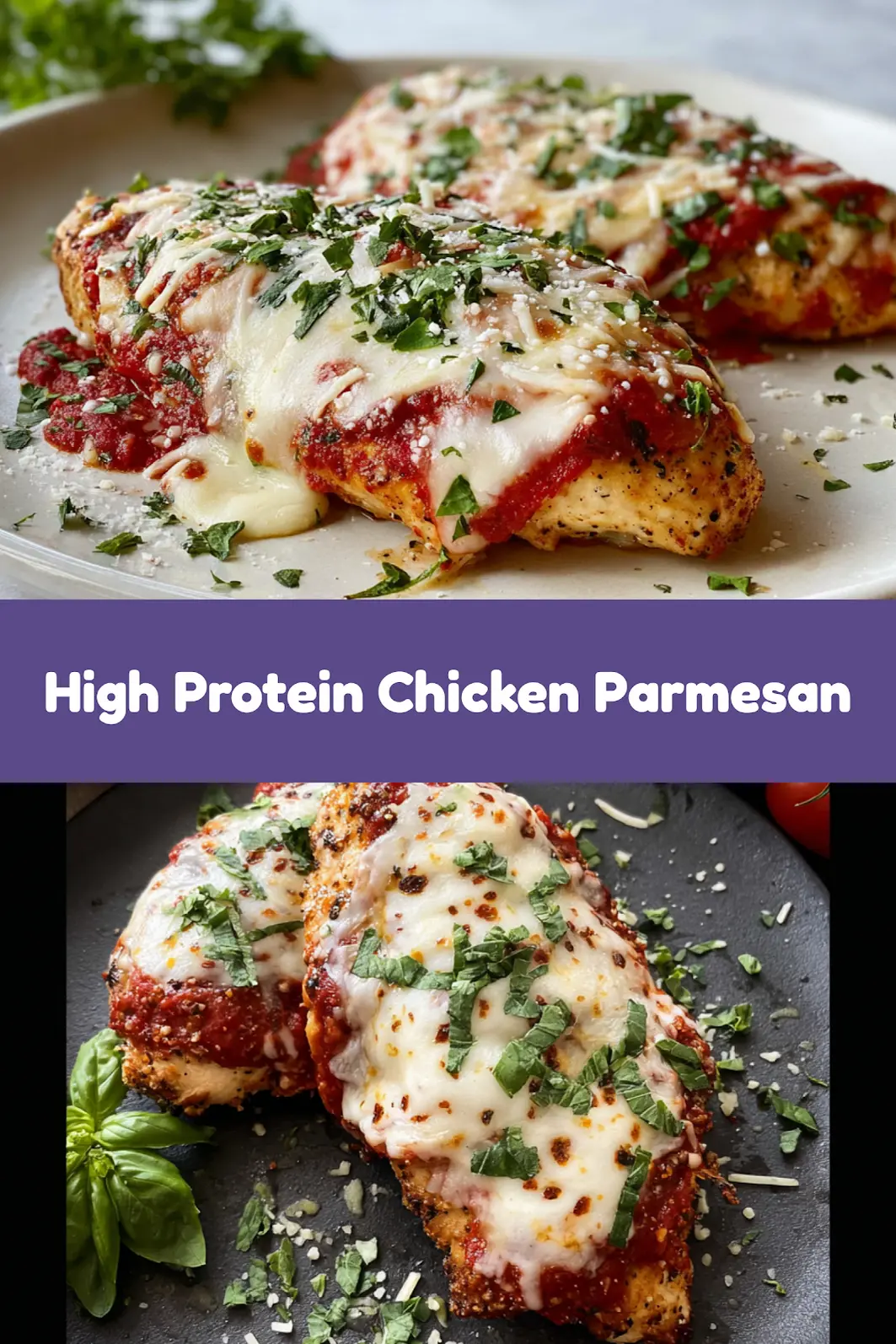 High Protein Chicken Parmesan recipe, served and ready to eat, easy homemade dinner