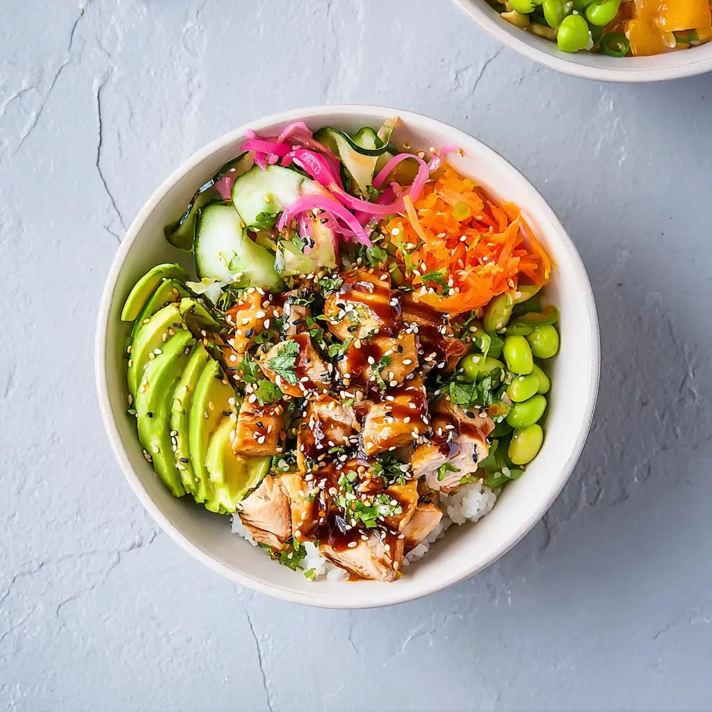 High Protein Chicken Poke Bowl recipe, served and ready to eat, easy homemade dinner