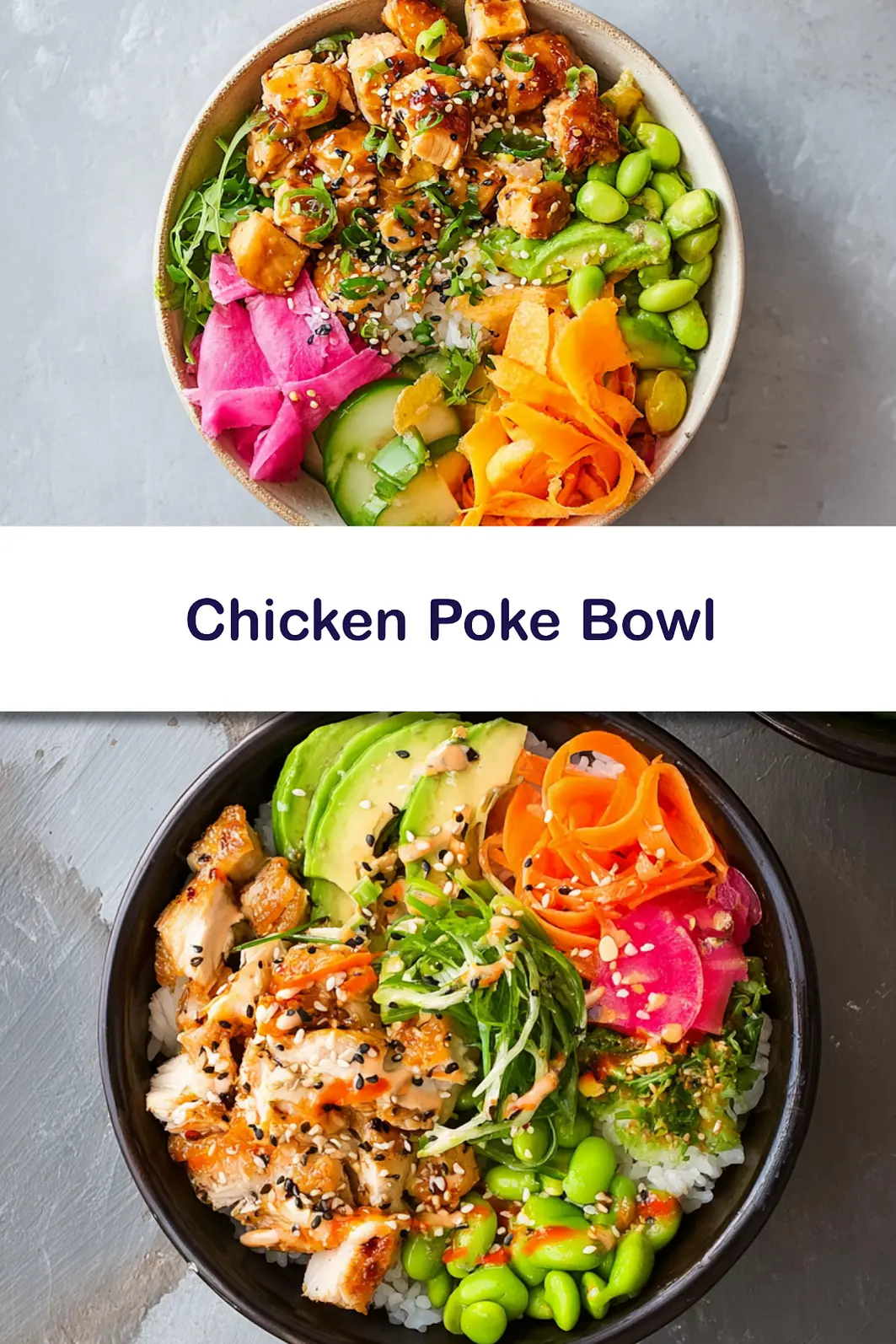 High Protein Chicken Poke Bowl recipe, served and ready to eat, easy homemade dinner