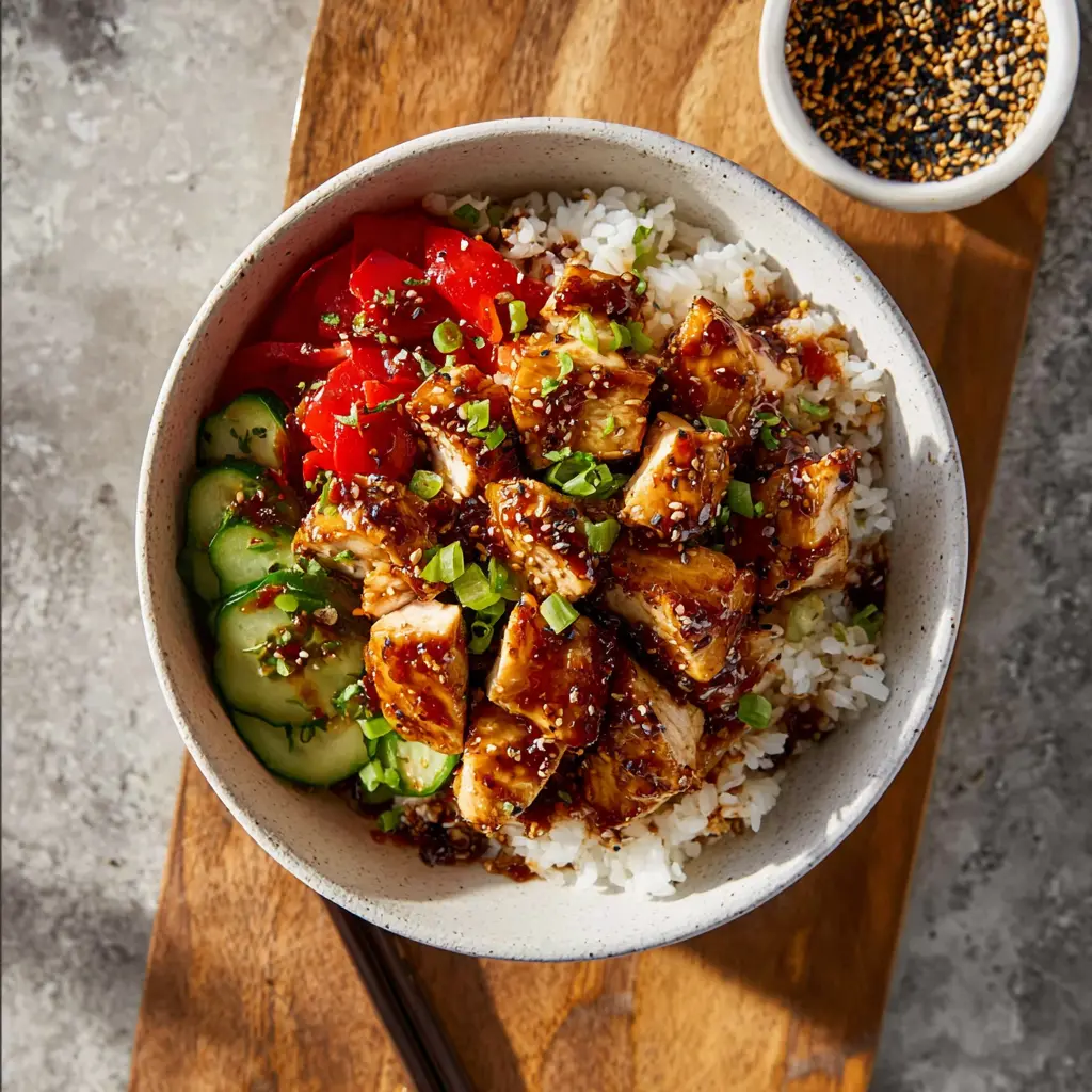High Protein Chicken Rice Bowl Teriyaki recipe, served and ready to eat, easy homemade dish