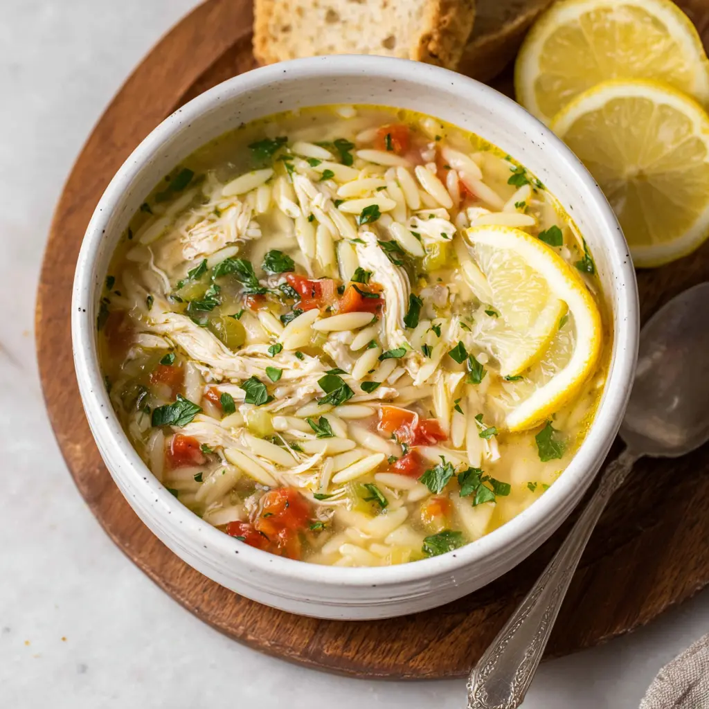High Protein Chicken Soup Lemon Orzo recipe, served and ready to eat, easy homemade dinner