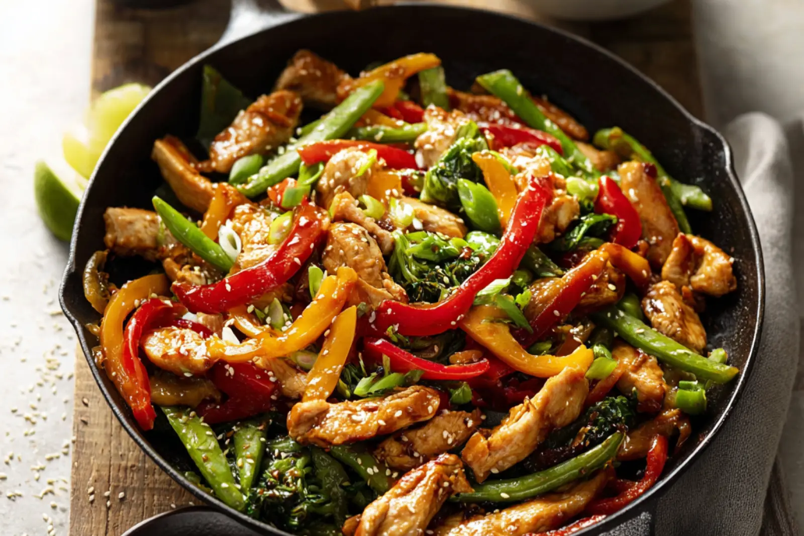 High Protein Chicken Stir Fry recipe, served and ready to eat, easy homemade dinner