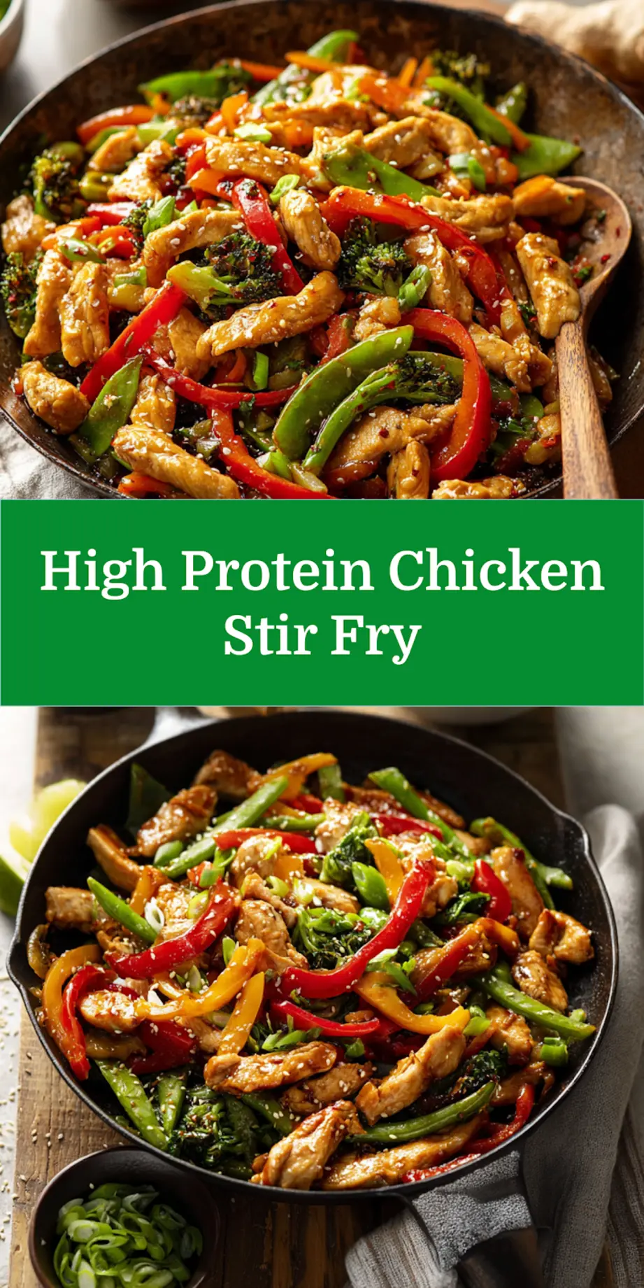High Protein Chicken Stir Fry recipe, served and ready to eat, easy homemade dinner