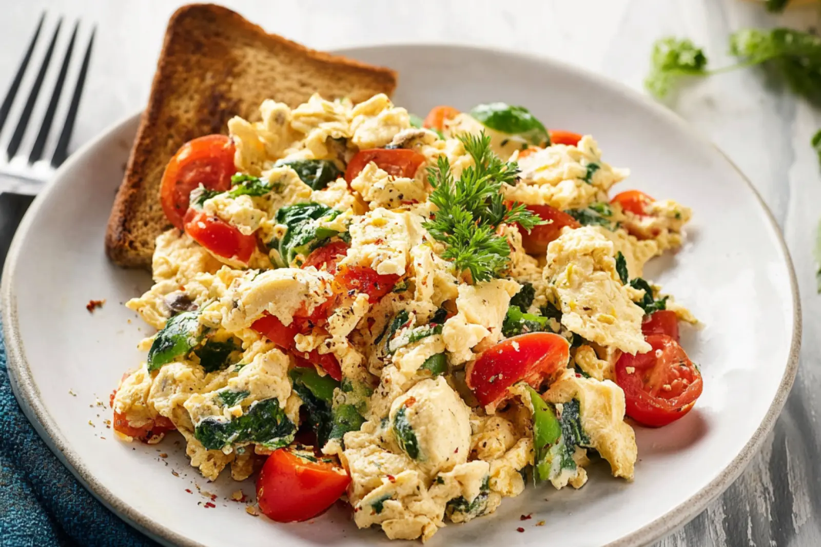High Protein Egg White Scramble Veggie recipe, served and ready to eat, easy homemade dinner