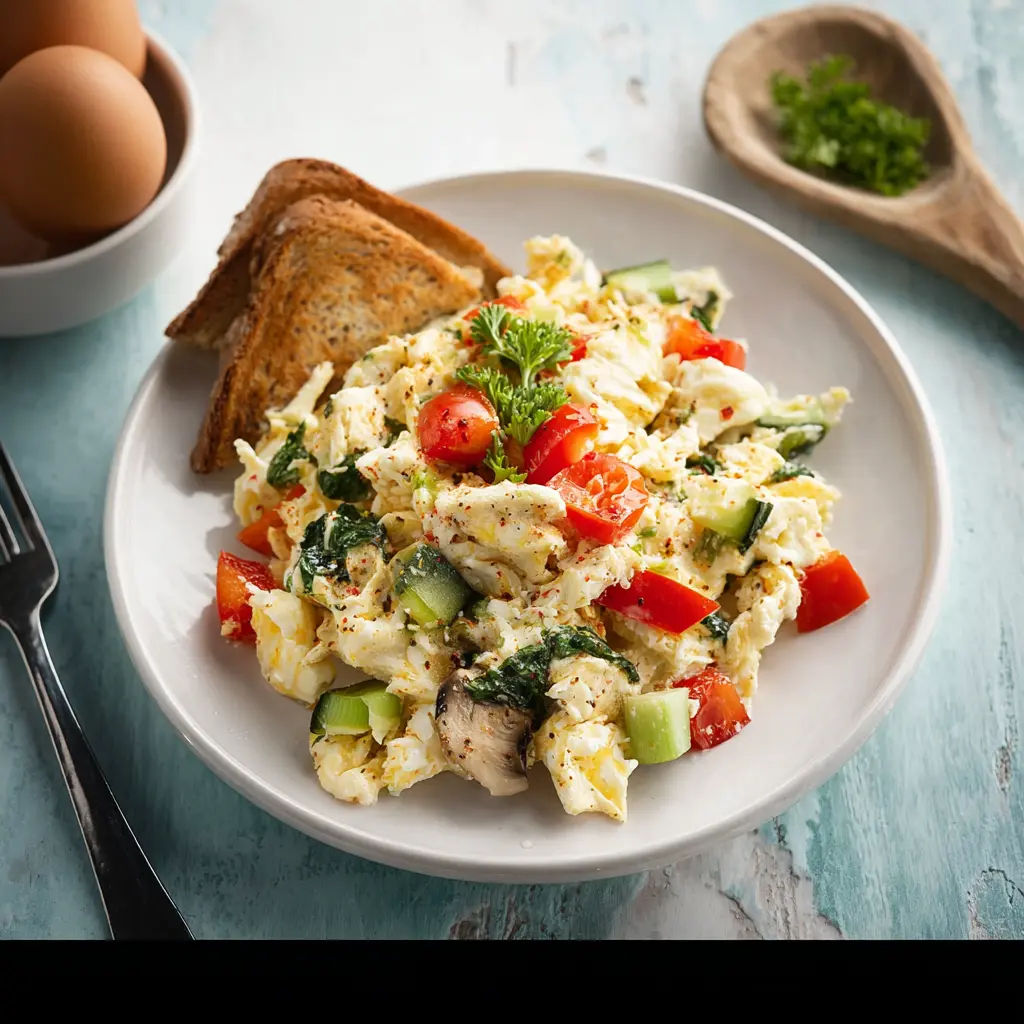 High Protein Egg White Scramble Veggie Made Perfect Every Time 6 High protein egg white scramble with baby spinach, mushrooms, and tomatoes on a white plate