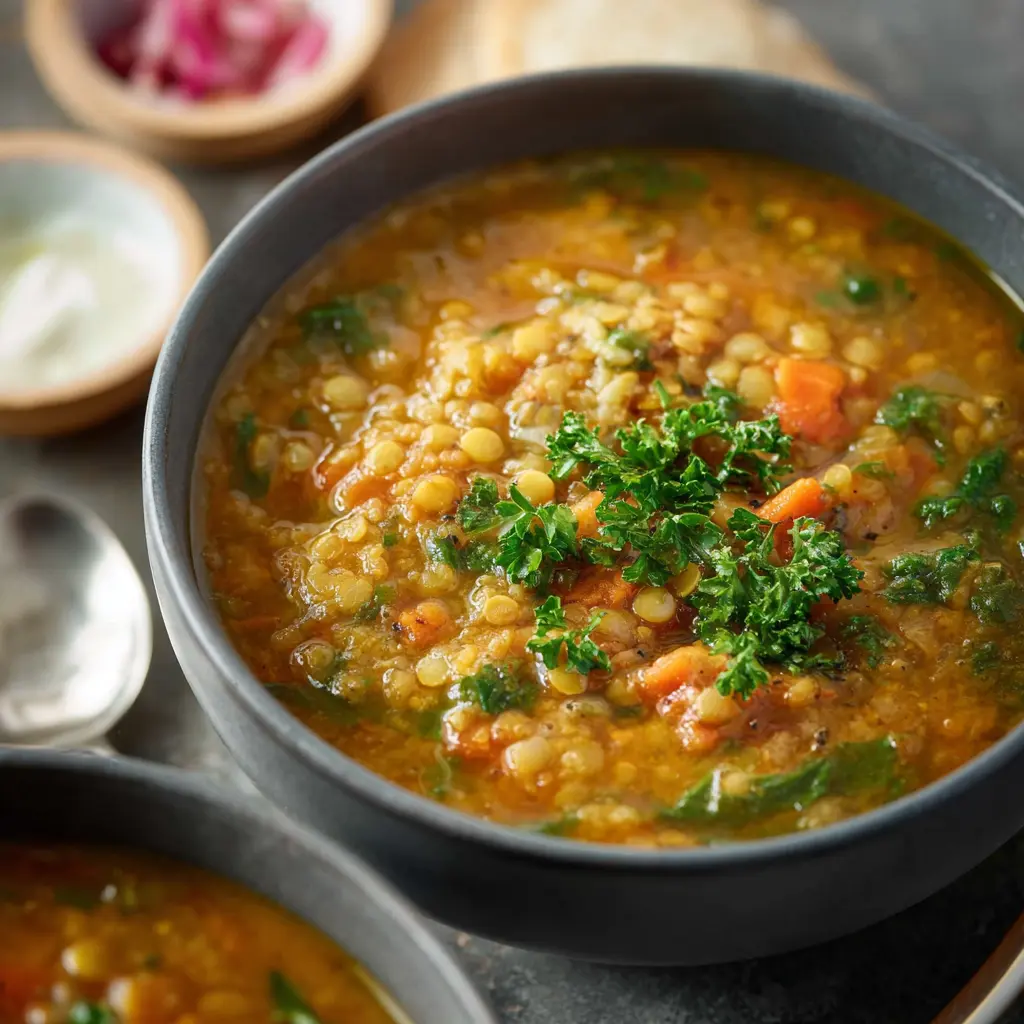 High Protein Lentil Soup recipe, served and ready to eat, easy homemade dinner