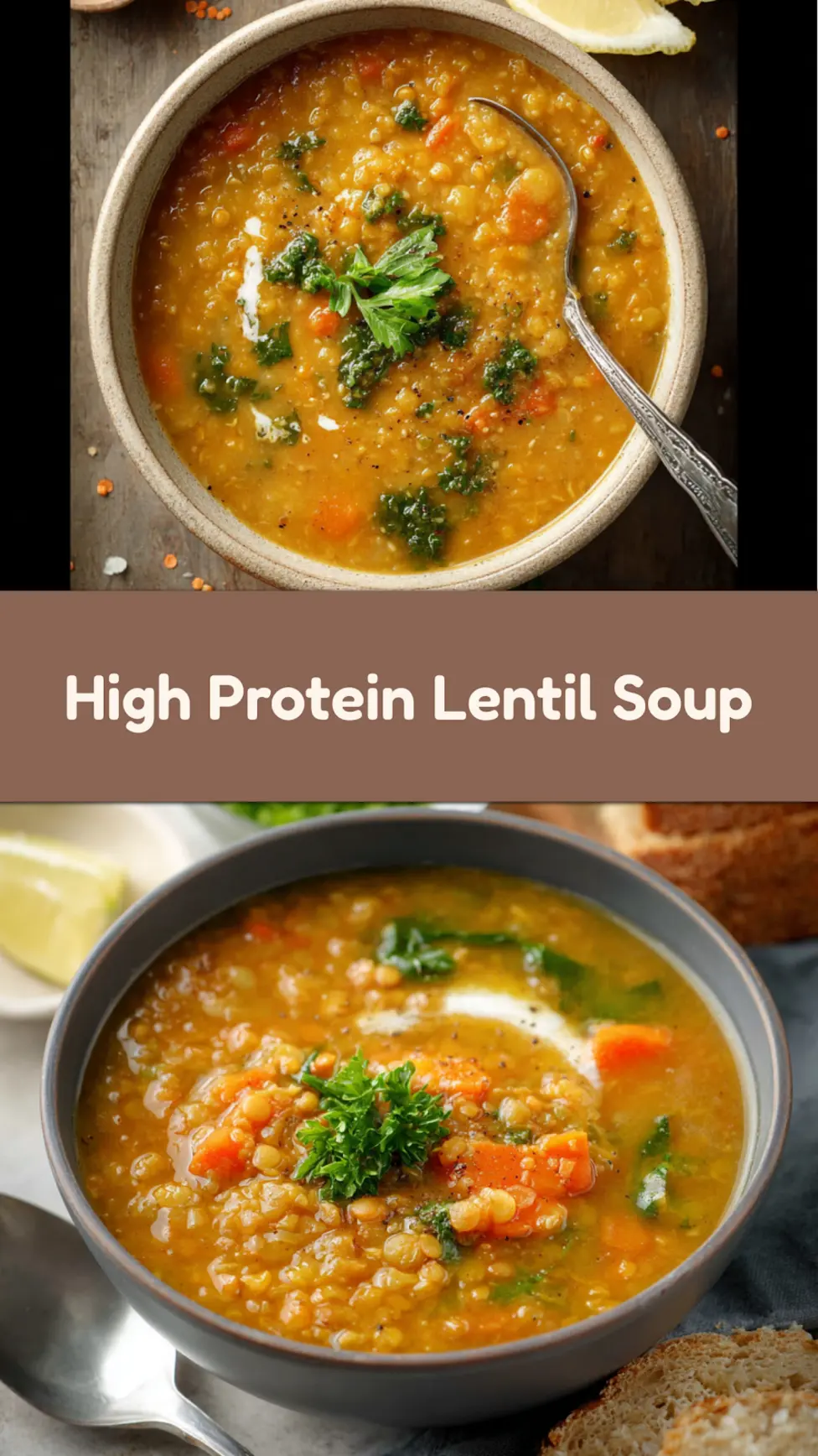 High Protein Lentil Soup recipe, served and ready to eat, easy homemade dinner