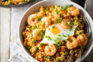 High Protein Shrimp Fried Cauliflower Rice recipe, served and ready to eat, easy homemade dinner